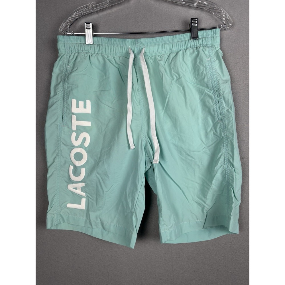Lacoste Shorts Men's M Green Swim Trunks Spell Out Logo Designer Mesh Lined 3632